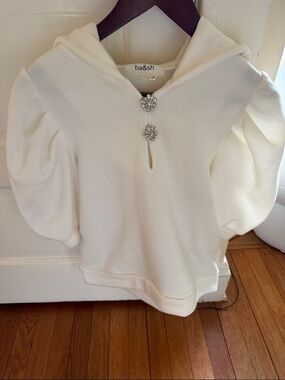 ba&sh Ivory Puff Sleeve Hoodie with Jewel Brooch Buttons